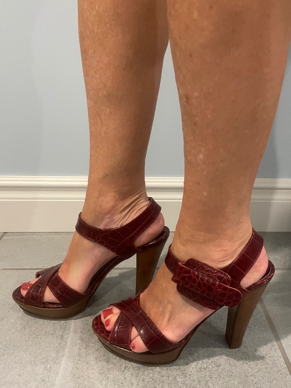 JUST CAVALLI Burgundy Alligator Quarter Strap Platforms